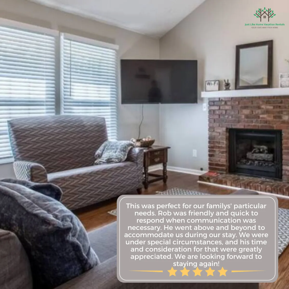 The image showcases an inviting living room featuring a cozy armchair, a fireplace, a television, and a coffee table. The layout encourages relaxation and socializing, with tasteful decor and ample seating that makes it ideal for family gatherings and movie nights. The natural light streaming in from large windows enhances the welcoming ambiance and highlights the modern furnishings.
